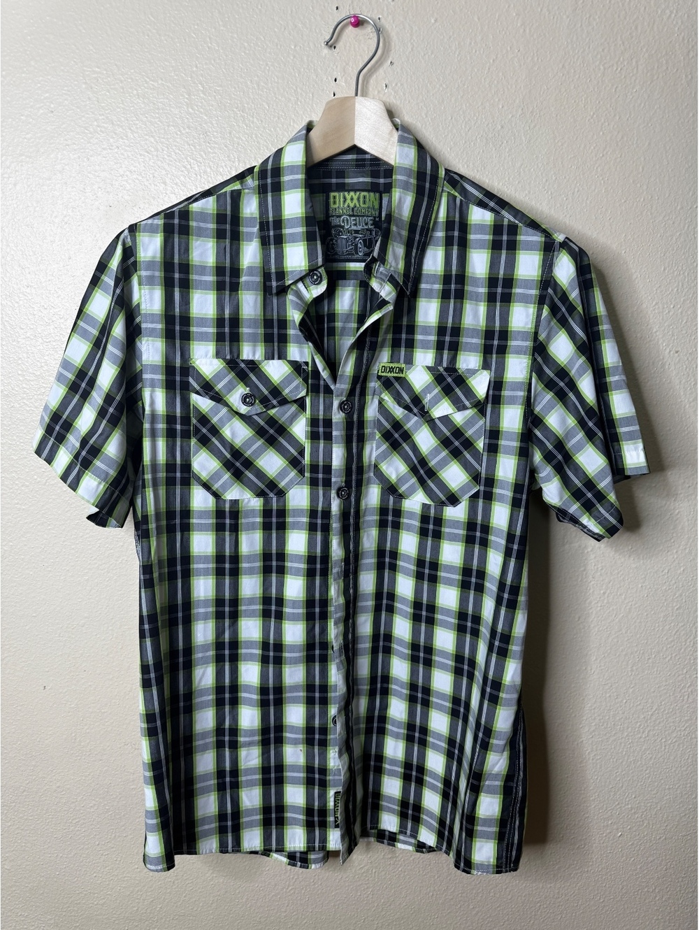 Dixxon The Deuce Shirt Men’s Medium Green Black Plaid Bamboo Blend Short Sleeve